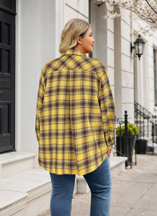 Plus Size Mustard Yellow Plaid Button-Up Shirt G14