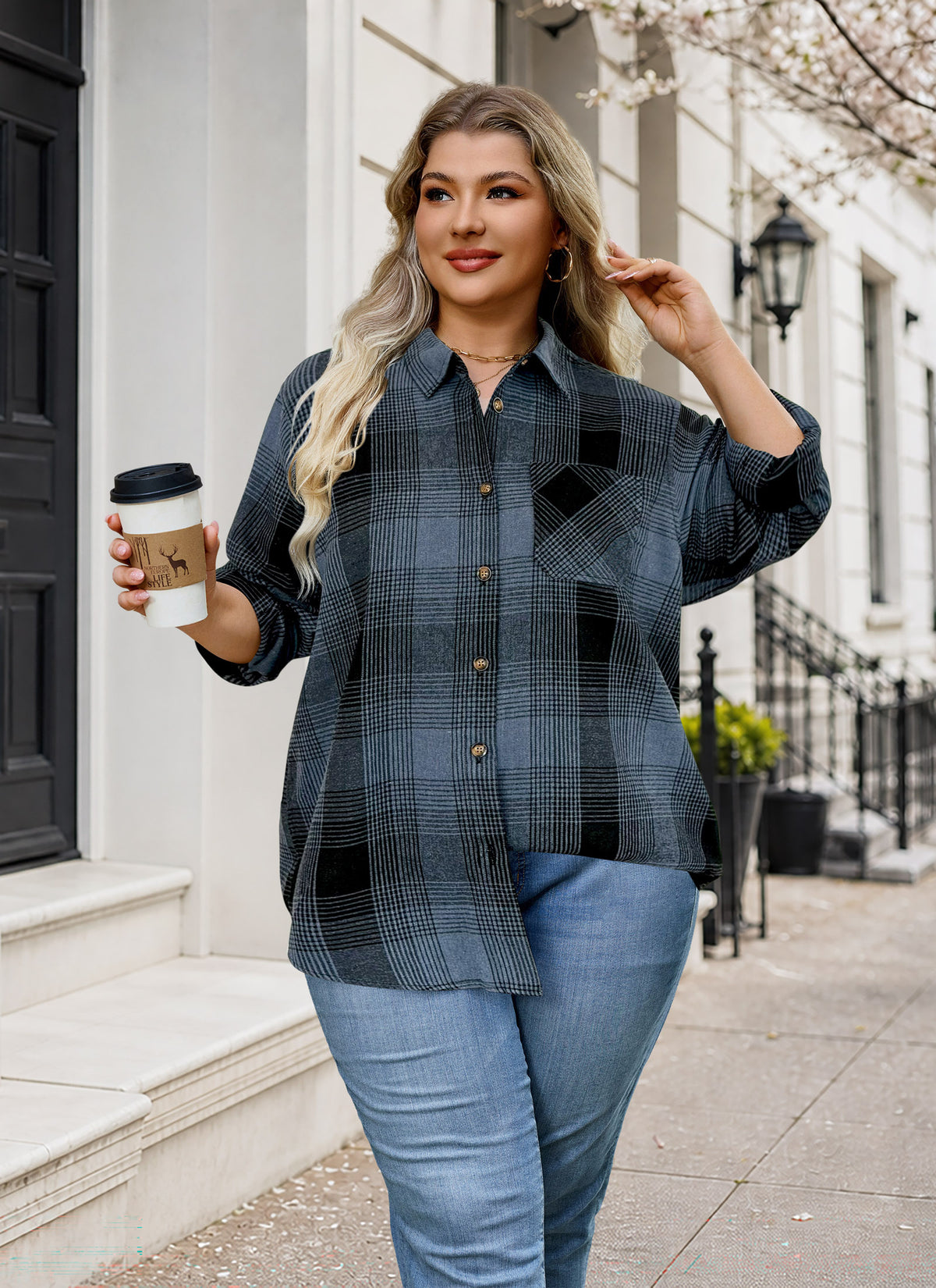 Plus Size Blue Gray Plaid Button-Up Shirt. F20