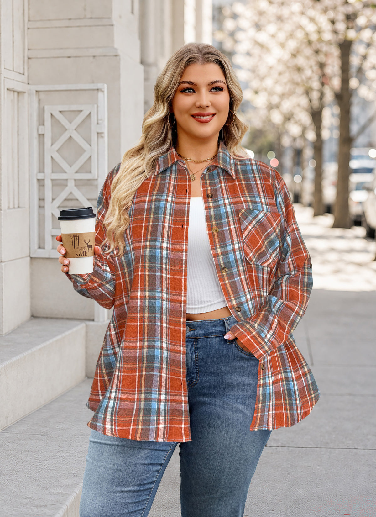Plus Size Rust Orange Plaid Button-Up Shirt G23