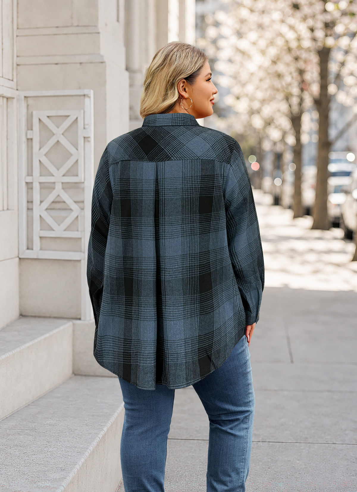 Plus Size Blue Gray Plaid Button-Up Shirt. F20