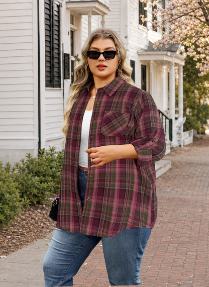 Plus Size Burgundy Plaid Button-Up Shirt G20