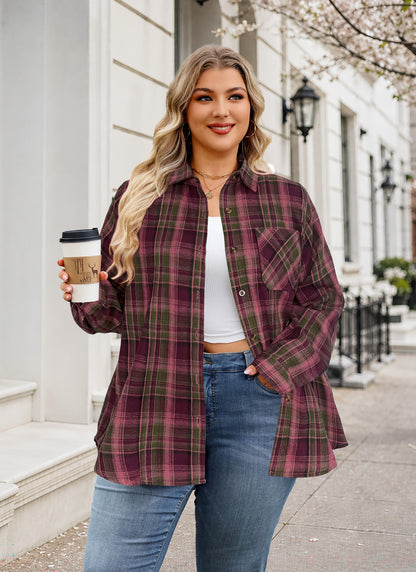 Plus Size Burgundy Plaid Button-Up Shirt G20
