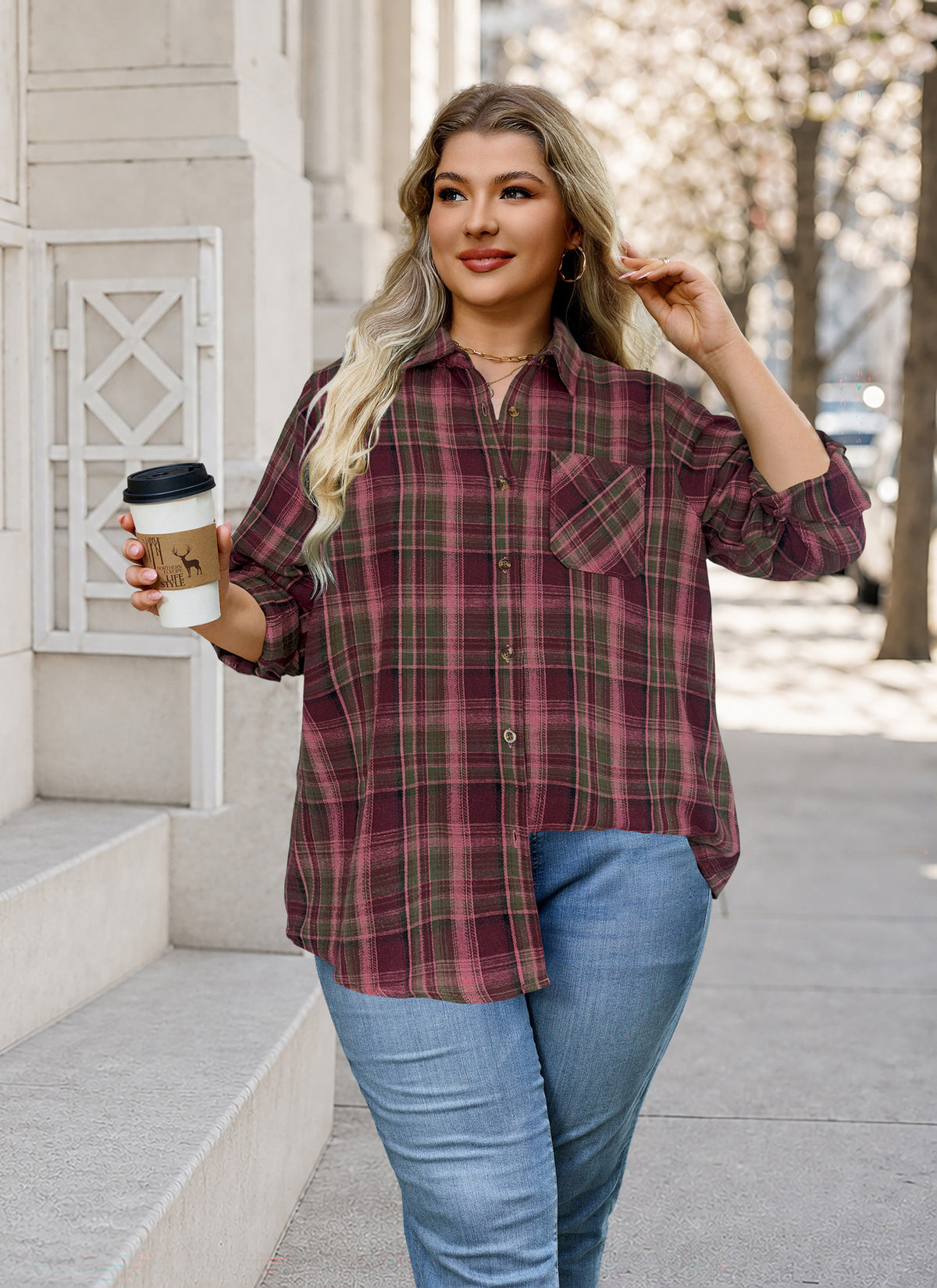 Plus Size Burgundy Plaid Button-Up Shirt G20
