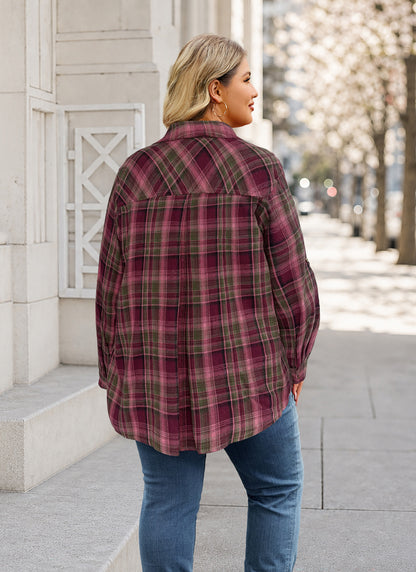 Plus Size Burgundy Plaid Button-Up Shirt G20