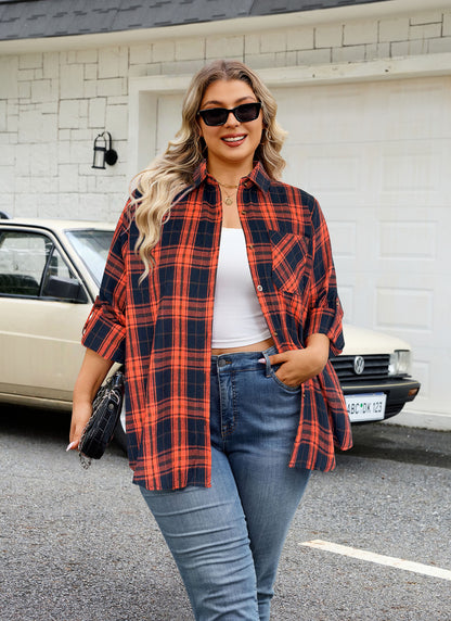Plus Size Orange & Navy Plaid Button-Up Shirt G27