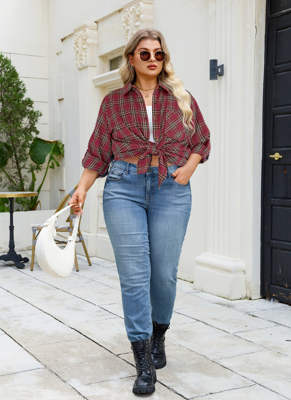 Plus Size Burgundy Windowpane Plaid Button-Up Shirt G25
