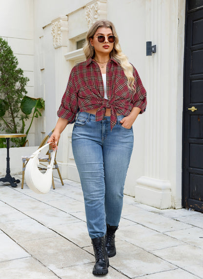 Plus Size Burgundy Windowpane Plaid Button-Up Shirt G25