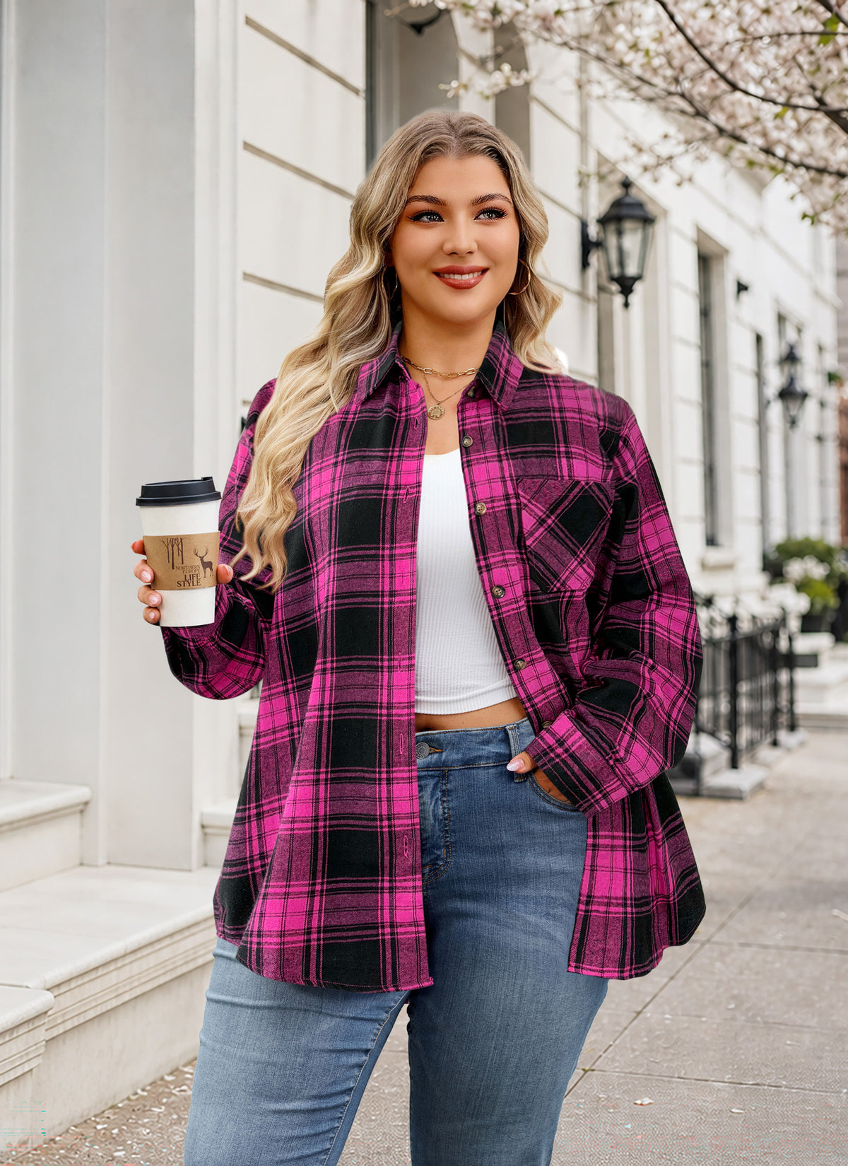Plus Size Fuchsia Plaid Button-Up Shirt G21
