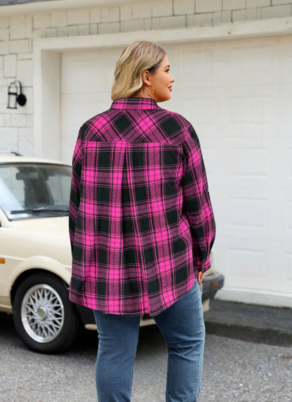 Plus Size Fuchsia Plaid Button-Up Shirt G21