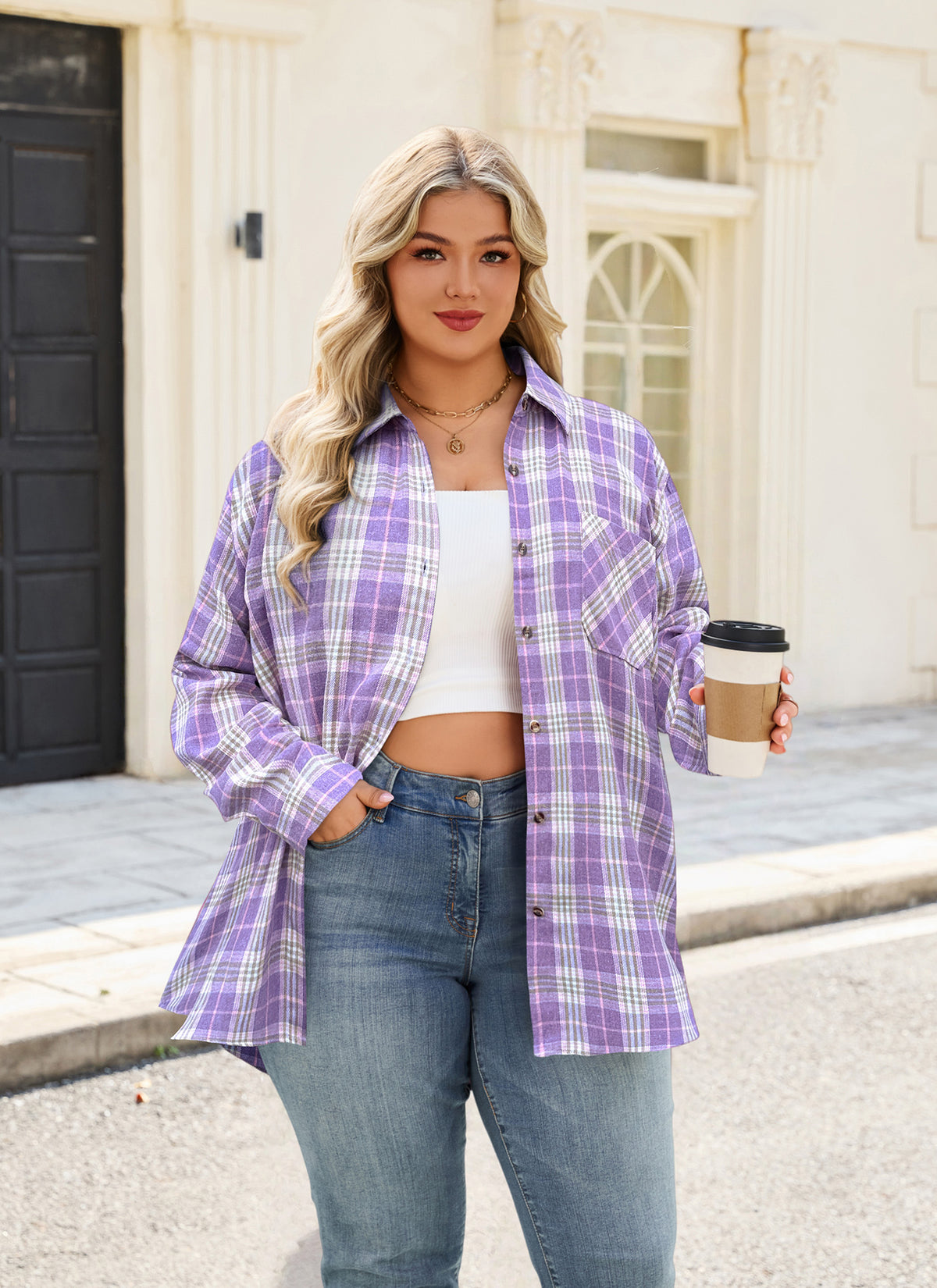 Plus Size Lavender Plaid Button-Up Shirt F18