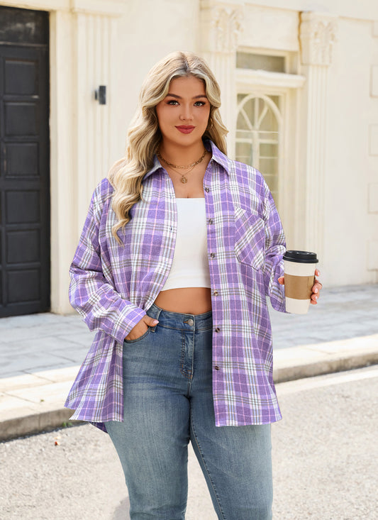 Plus Size Lavender Plaid Button-Up Shirt F18