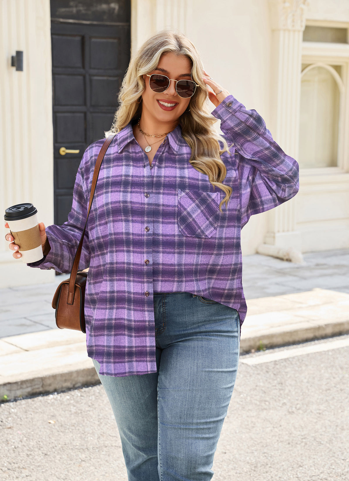 Plus Size Purple Plaid Button-Up Shirt