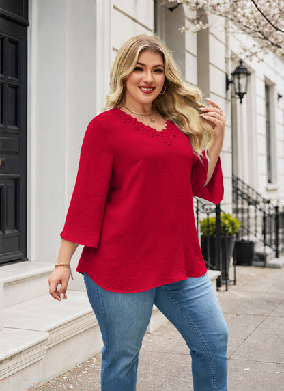 Plus Size Red Lace V-Neck Blouse J20