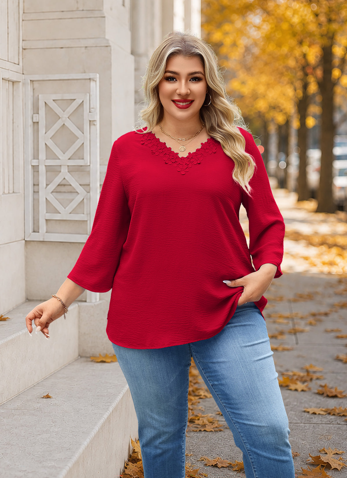 Plus Size Red Lace V-Neck Blouse J20