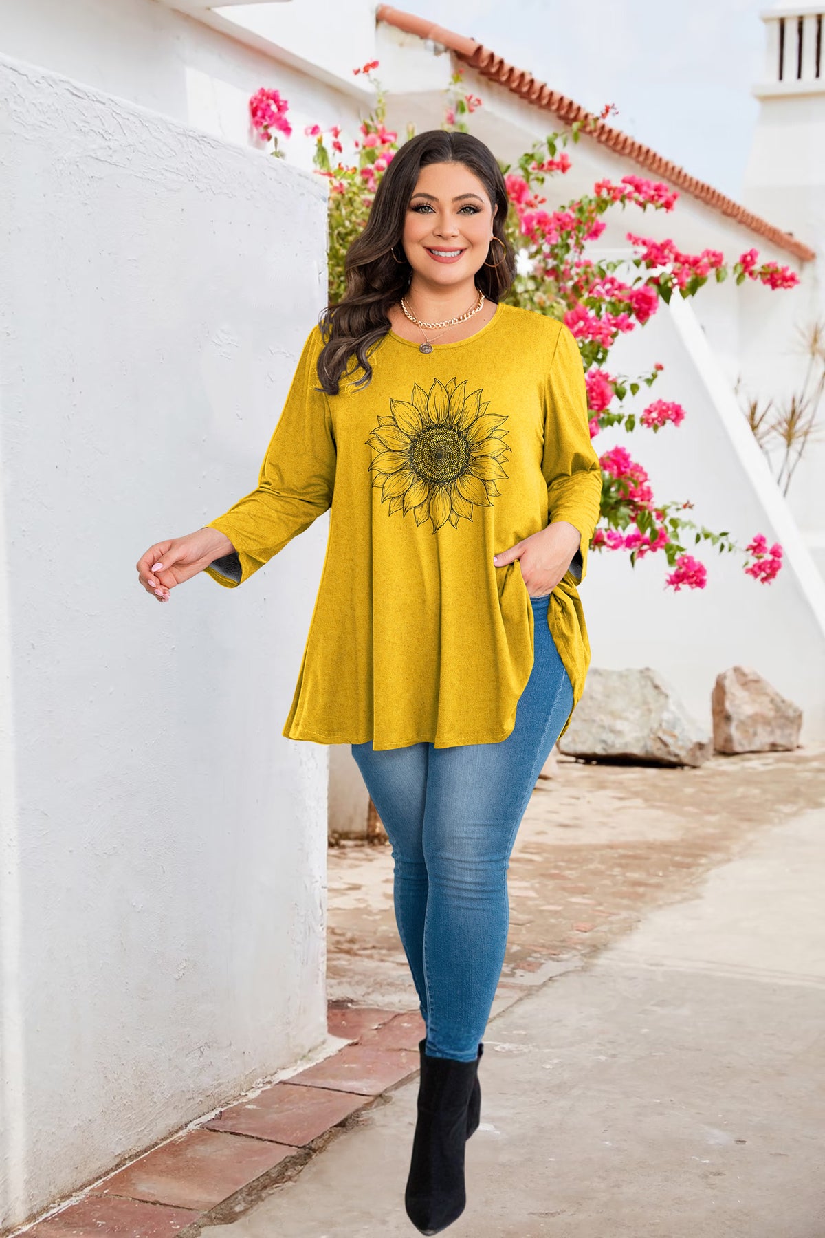 Plus Size Mustard Yellow Sunflower Tunic Top A55