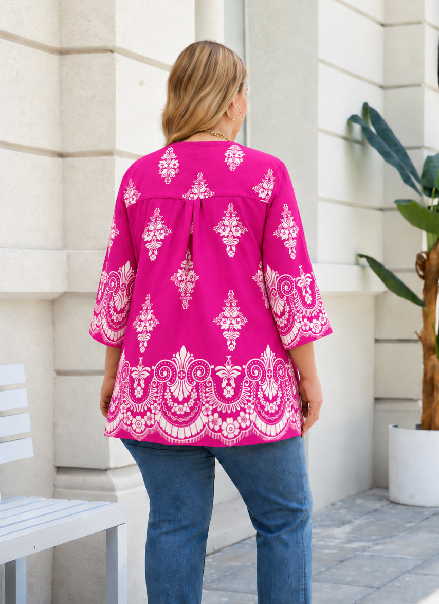 Plus Size Fuchsia Border Print Split-Neck Tunic