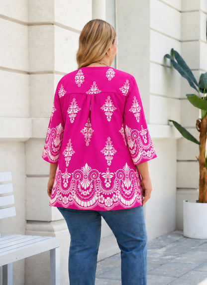 Plus Size Fuchsia Border Print Split-Neck Tunic