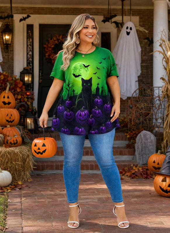Women's Halloween Green Tunic Top – Witchy Print, Plus Size E29