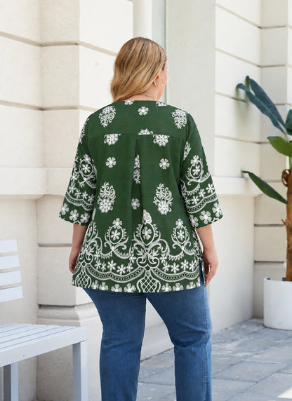 Plus Size Forest Green & White Border Print Tunic Top. L12