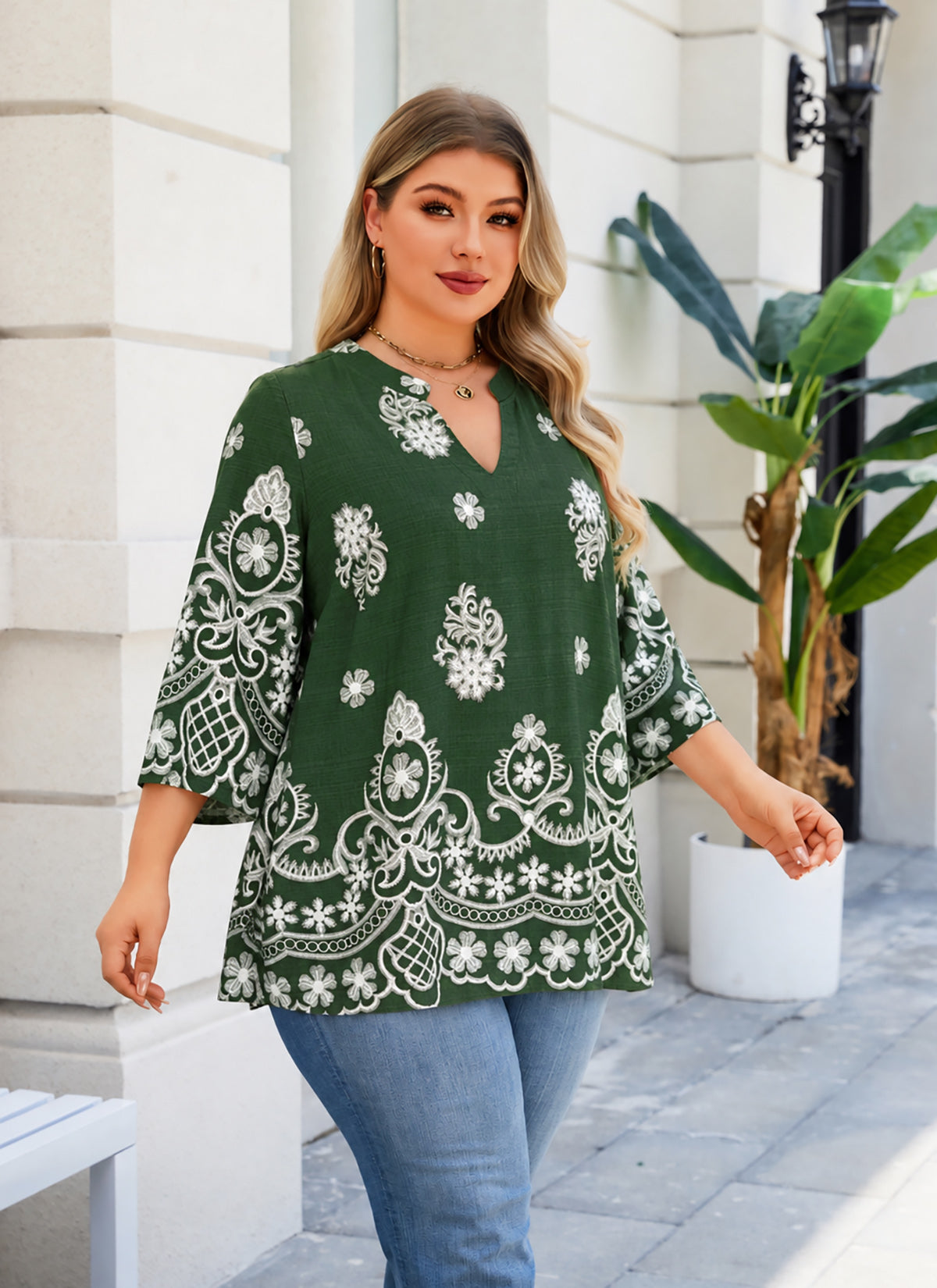 Plus Size Forest Green & White Border Print Tunic Top. L12