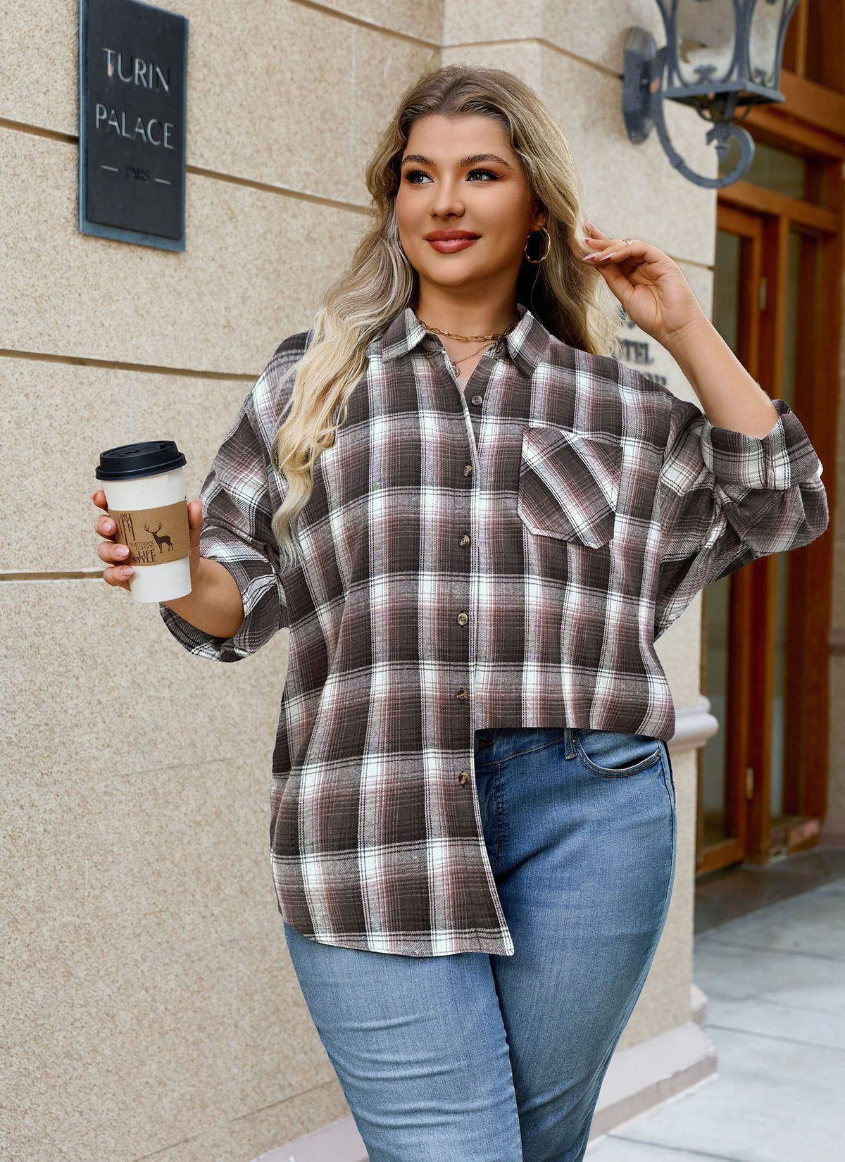 Plus Size Brown Plaid Button-Up Shirt G12