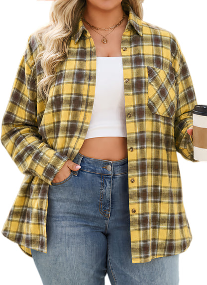 Plus Size Mustard Yellow Plaid Button-Up Shirt G14