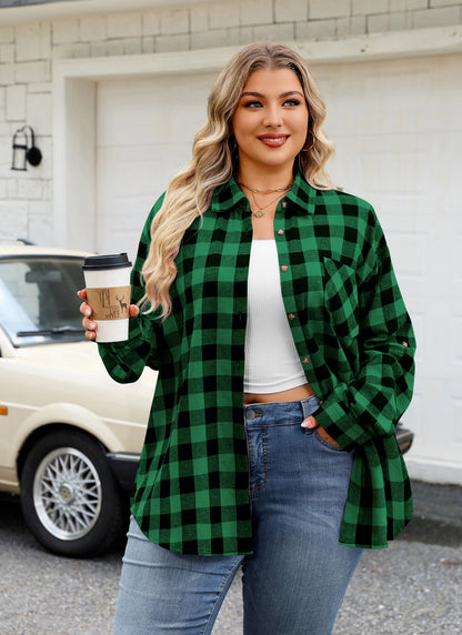 Plus Size Green Buffalo Plaid Button-Up Shirt