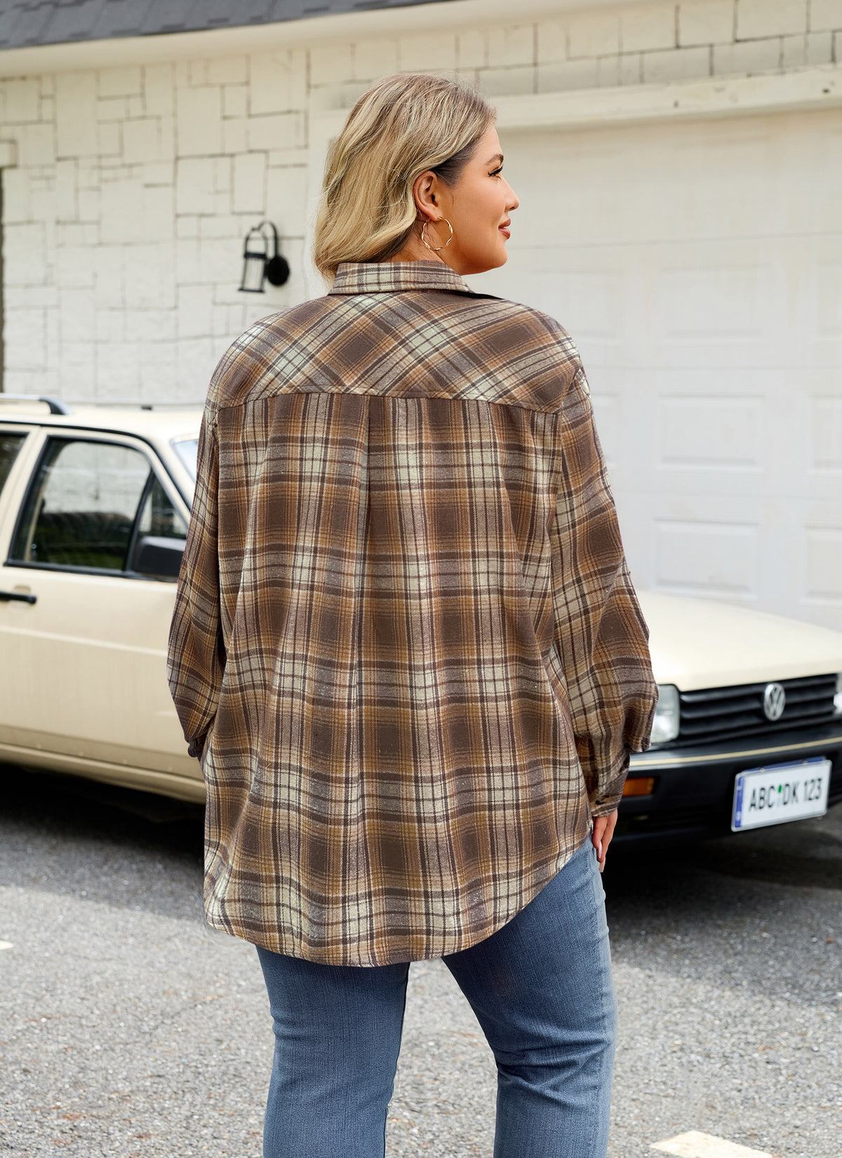 Plus Size Brown & Beige Plaid Button-Up Shirt