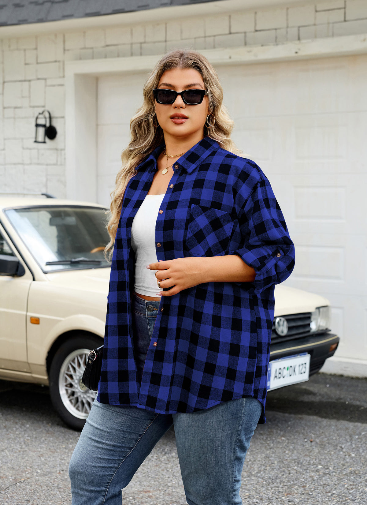 Plus Size Blue Buffalo Plaid Button-Up Shirt G18