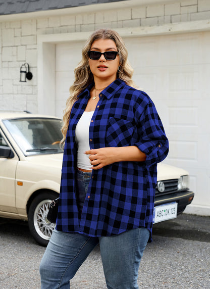 Plus Size Blue Buffalo Plaid Button-Up Shirt G18