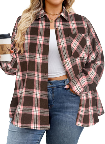 Plus Size Brown & Pink Plaid Button-Up Shirt G22