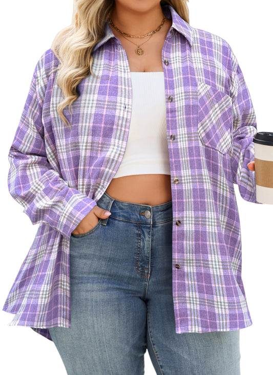 Plus Size Lavender Plaid Button-Up Shirt F18