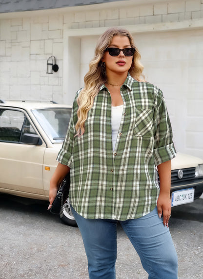 Plus Size Olive Green Plaid Button-Up Shirt G11