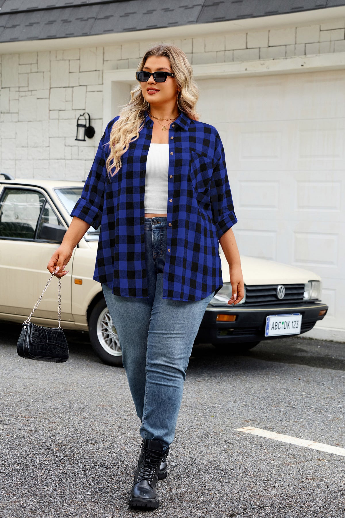 Plus Size Blue Buffalo Plaid Button-Up Shirt G18