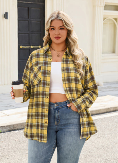 Plus Size Mustard Yellow Plaid Button-Up Shirt G14