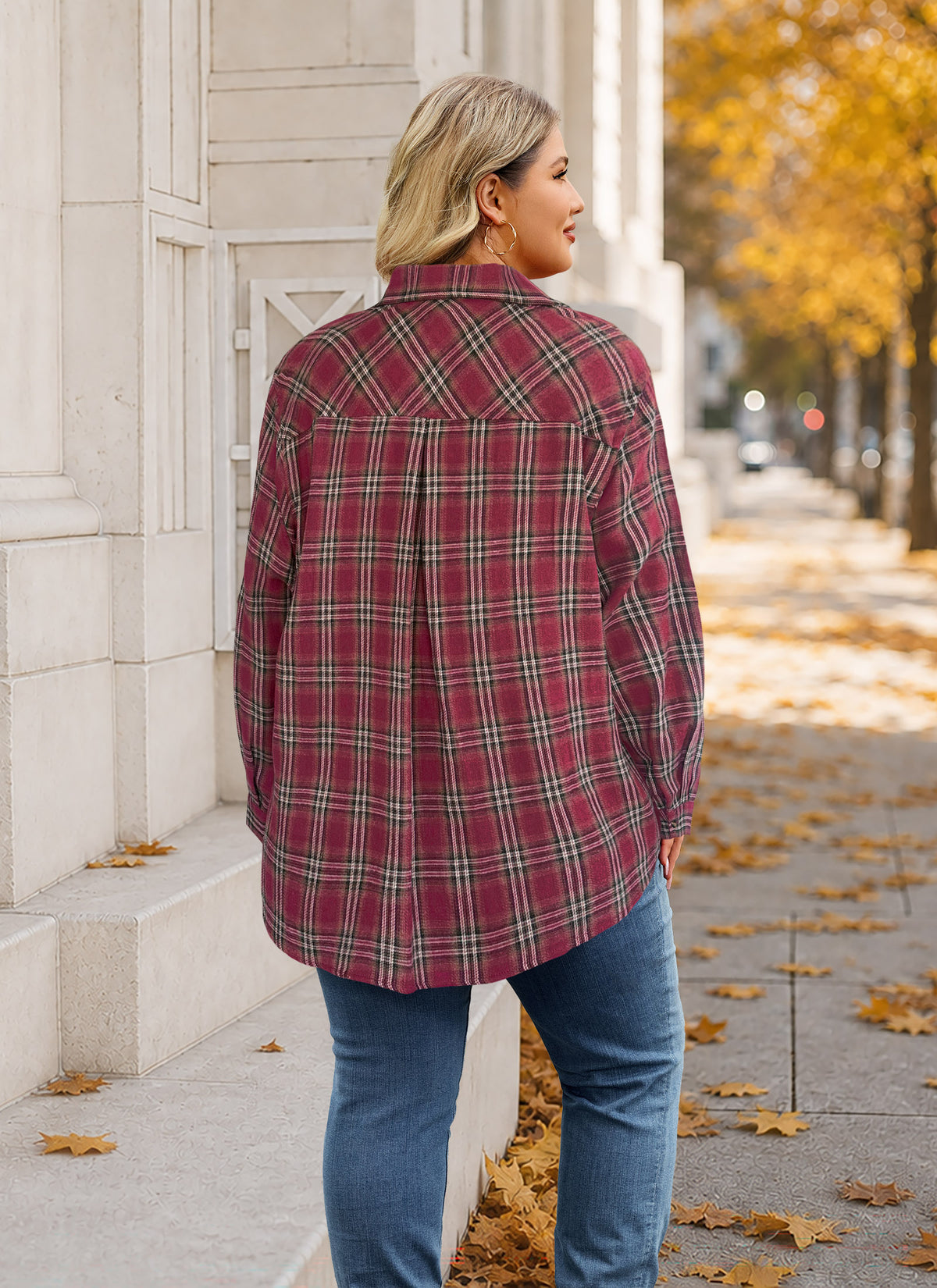 Plus Size Burgundy Windowpane Plaid Button-Up Shirt G25