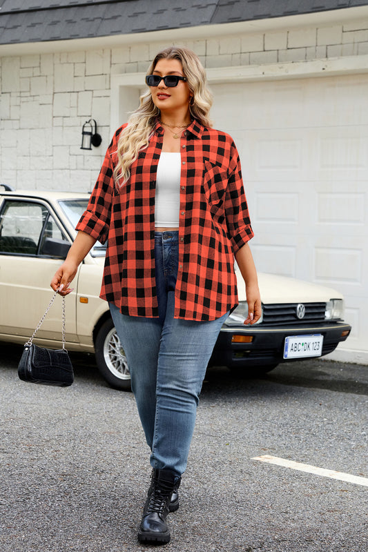 Plus Size Orange Red Buffalo Plaid Button-Up Shirt  F23