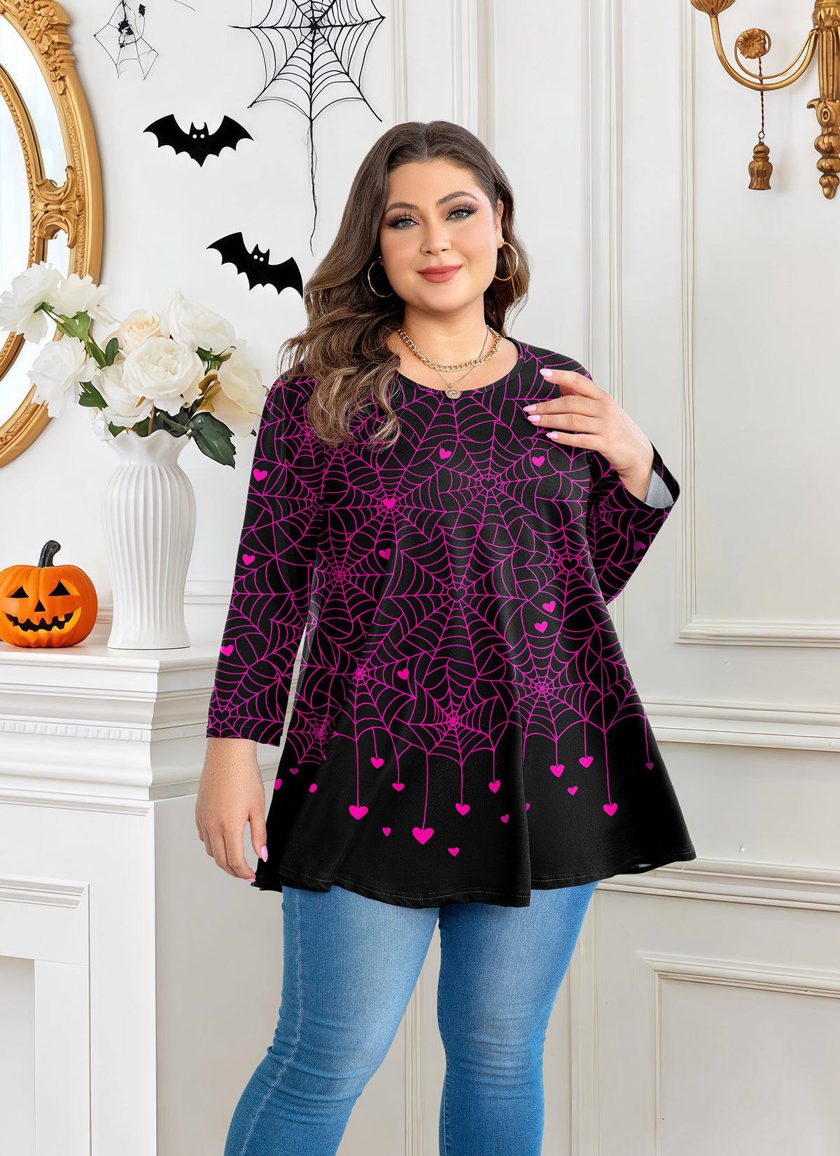 Plus Size Black & Pink Spiderweb Swing Tunic