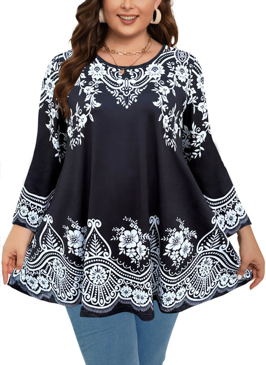 Women's Plus Size Tunic Top | Black & White Print Swing Flare Blouse for Leggings A40