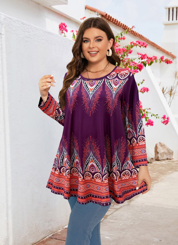 Women's Plus Size Orange & Purple Floral Tunic Top – 3/4 Sleeve Swing Flare Blouse d15