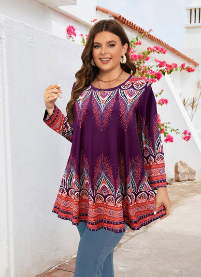 Women's Plus Size Orange & Purple Floral Tunic Top – 3/4 Sleeve Swing Flare Blouse d15