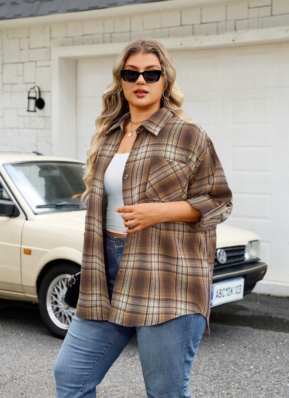 Plus Size Brown & Beige Plaid Button-Up Shirt