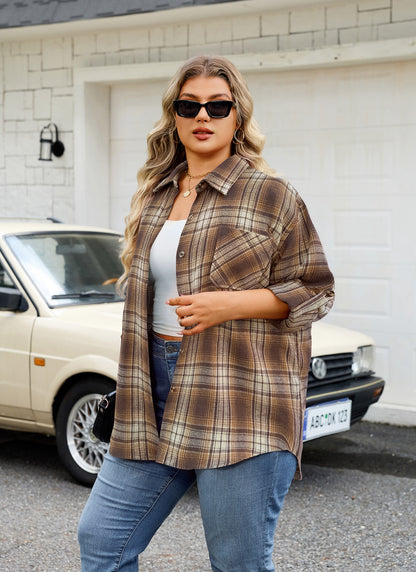 Plus Size Brown & Beige Plaid Button-Up Shirt