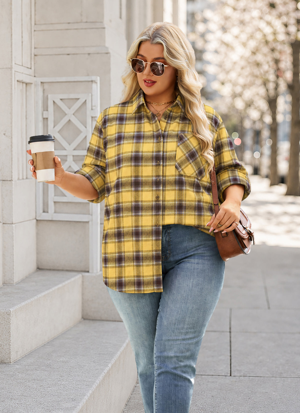 Plus Size Mustard Yellow Plaid Button-Up Shirt G14