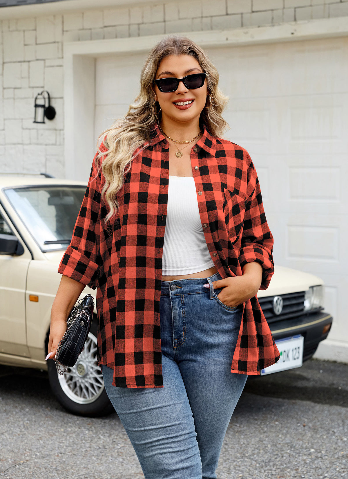 Plus Size Orange Red Buffalo Plaid Button-Up Shirt  F23