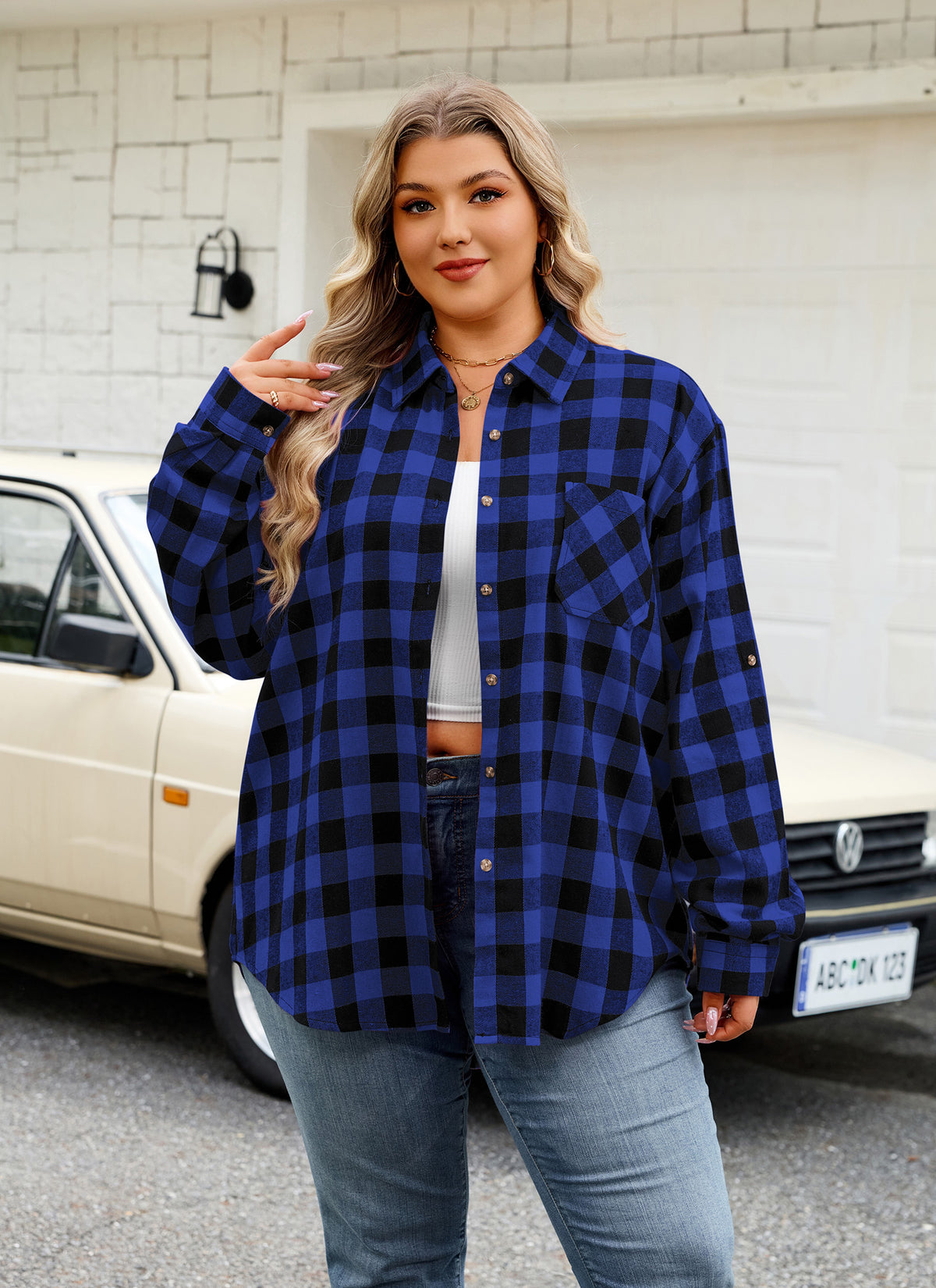 Plus Size Blue Buffalo Plaid Button-Up Shirt G18