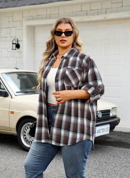 Plus Size Brown Plaid Button-Up Shirt G12