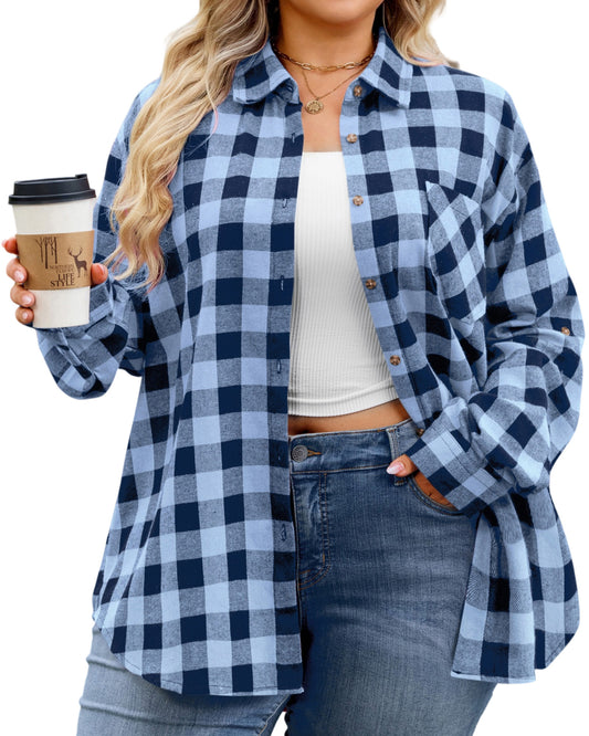 Plus Size Light Blue Buffalo Plaid Button-Up Shirt  F22
