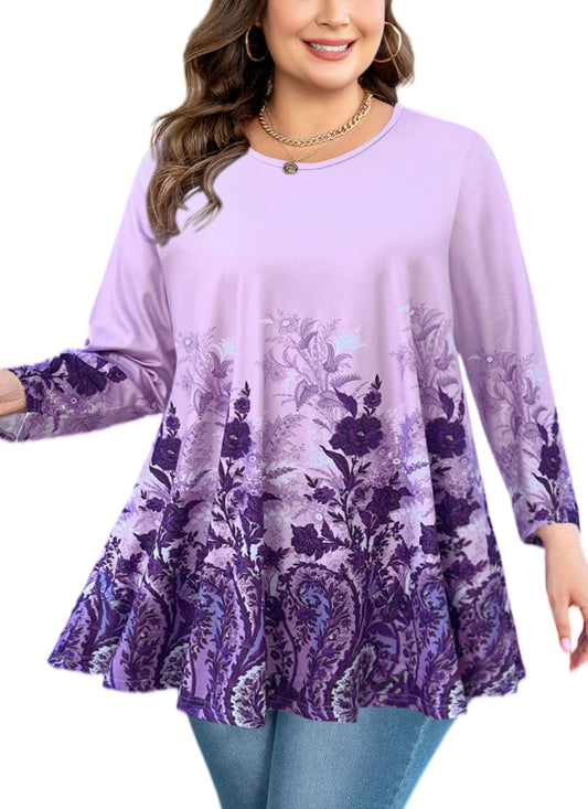 Plus Size Lavender Floral Long Sleeve Swing Tunic