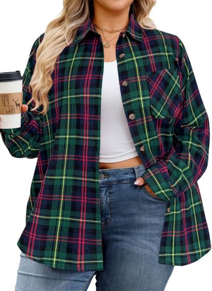 Plus Size Forest Green Plaid Button-Up Shirt F19